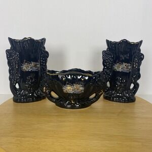 Japanese Style Black Boat Vase And Two Medium with Peacock Floral Scene 3 Pieces